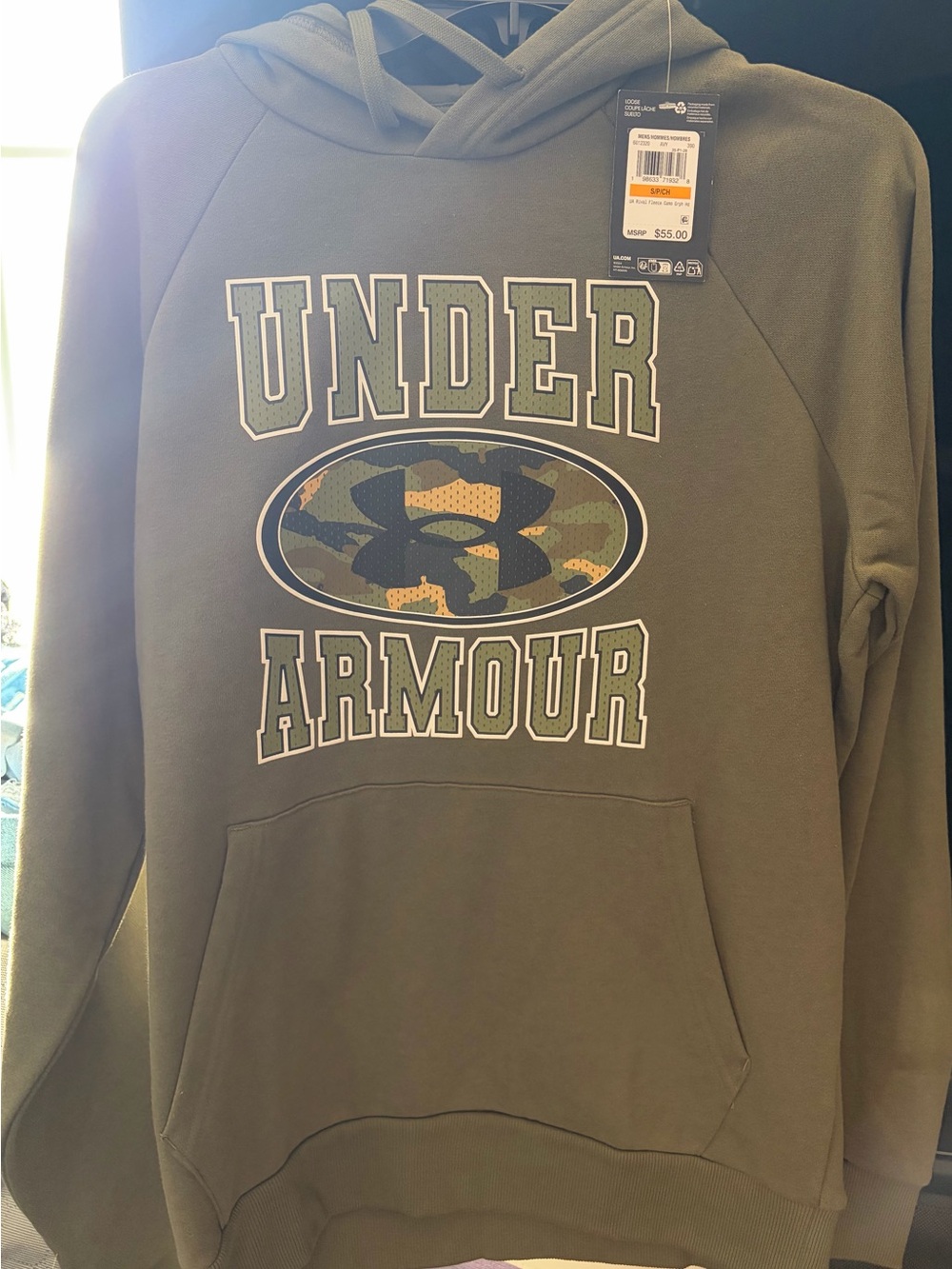NWT !Under Armour Men's Olive Green Crewneck Hoodie with Camo Logo